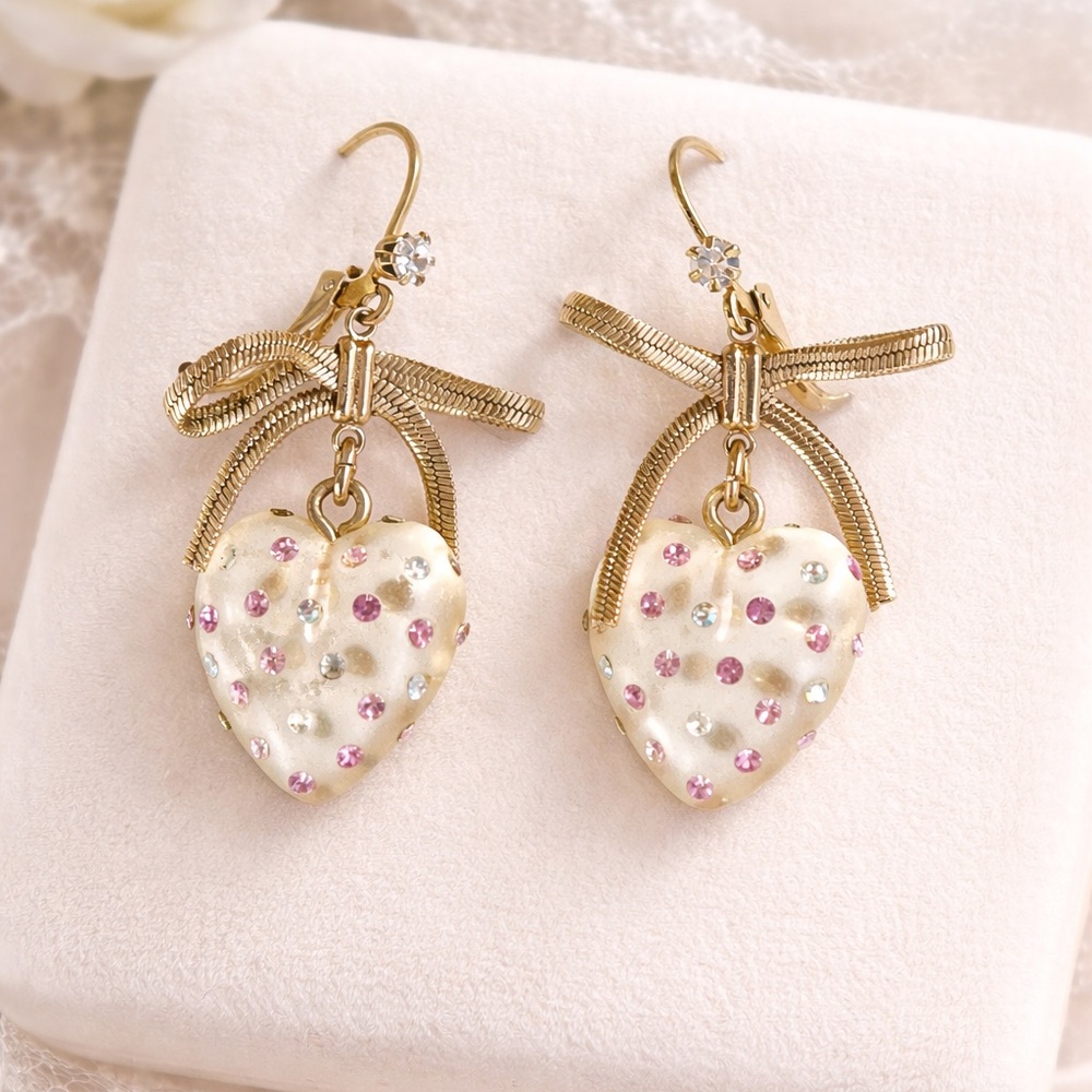 Betsey Johnson Gold Bow Heart Drop Earrings with Pink & Pearl Accents